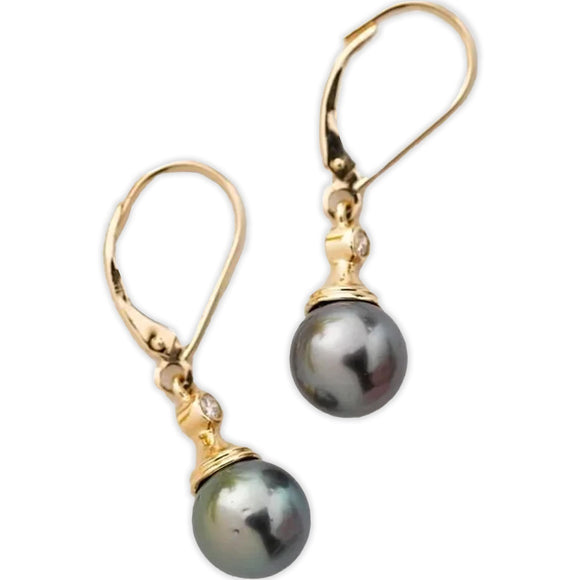 14K Gold Black Pearl Dangle Earrings with Either Diamonds or Zirconia