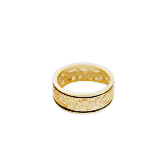14K Gold Plumeria Ring with Black Enamel Bands
