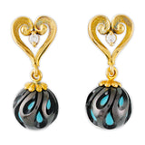 14K Gold Heart-shaped Post Earrings with Carved Tahitian Pearl Over Turquoise Bead - The Hawaii Store