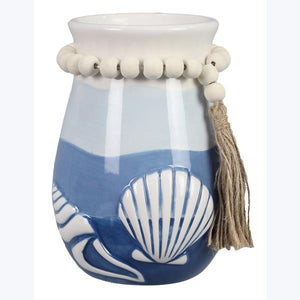Ceramic Coastal Ombre Vase With Beaded Tassel- 6"