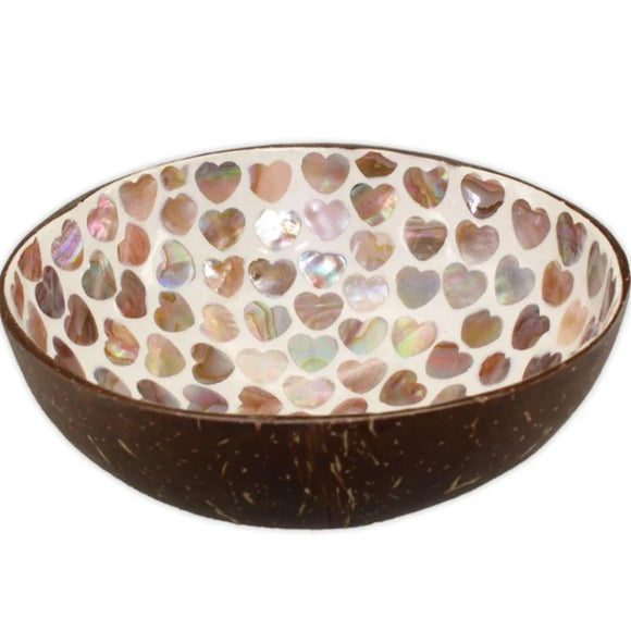 Mother of Pearl Coconut Bowl with Mosaic Hearts 