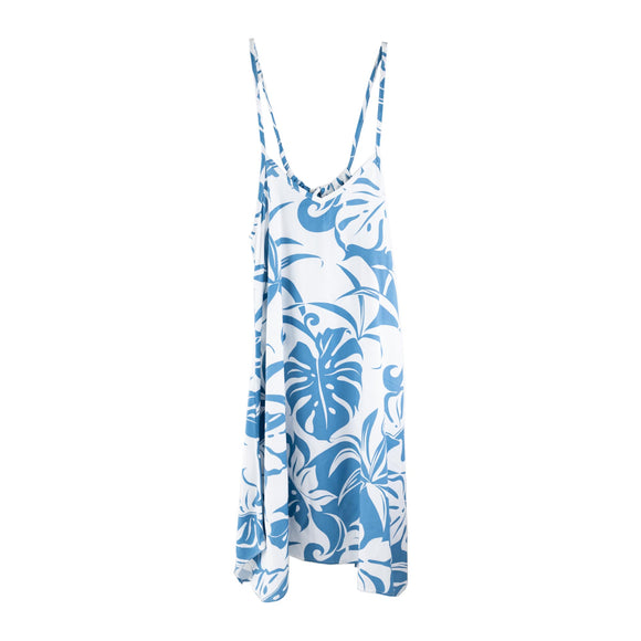 Ladies Hawaiian Spaghetti Strap Plumeria Print Dress- Blue