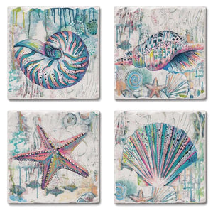 "Jewels of the Sea" tumbled tile beverage coaster set, 4-piece.