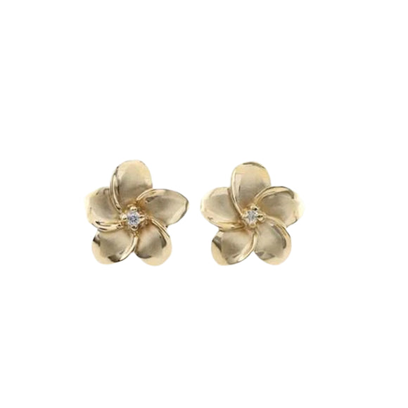 14K Gold Plumeria Earrings with Diamond or Cubic Zirconia Accents