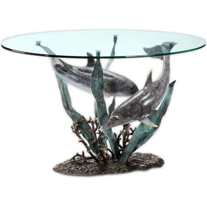 "Dolphin Duet" Brass and Glass Rounded Coffee Table 