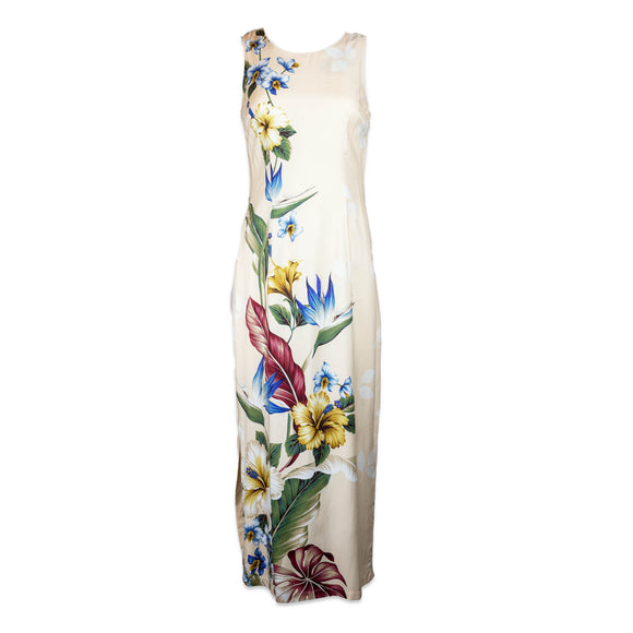 Royal Hawaiian Creations Floral Piped Dress with Zipper- Beige
