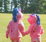 Children Wearing Doodle Pants Kid's "Rainbow Unicorn" Hoodie with 3D Hood- Pink