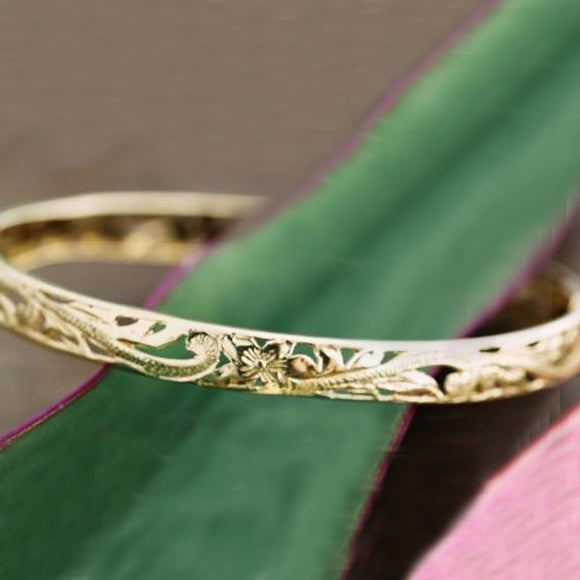 14K Hinged Gold Scroll Leaf Plumeria Bracelet