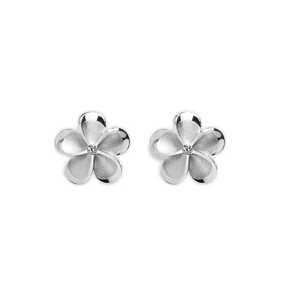 Sterling Silver Plumeria Earrings with a Cubic Zirconia Stone