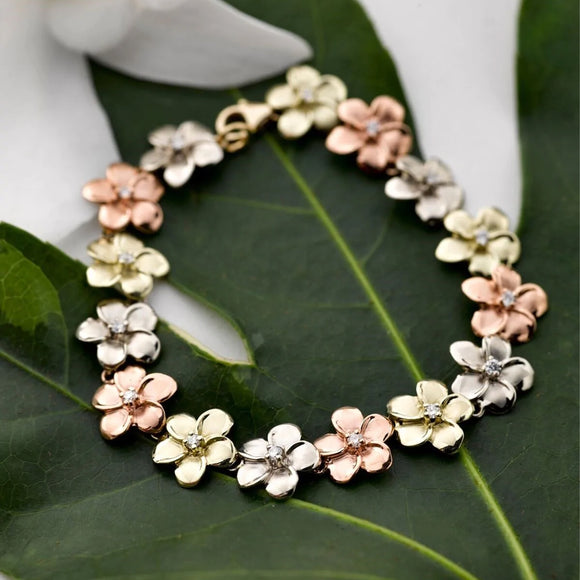 Tri-color 14K Gold Plumeria Bracelet with Diamonds or Cubic Zirconia