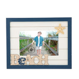 Blue picture frame that says beach on it and has a starfish on the top right corner as well
