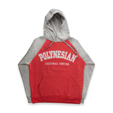 Grey Hoodie with Bright Red Coloring and the logo that says Polynesian Cultural Center