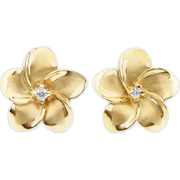 14K Small Gold Plumeria Earrings with Diamond or Cubic Zirconia Centers