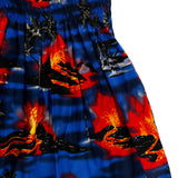 Close up of the dress where you can see the volcanos and tropical themes 