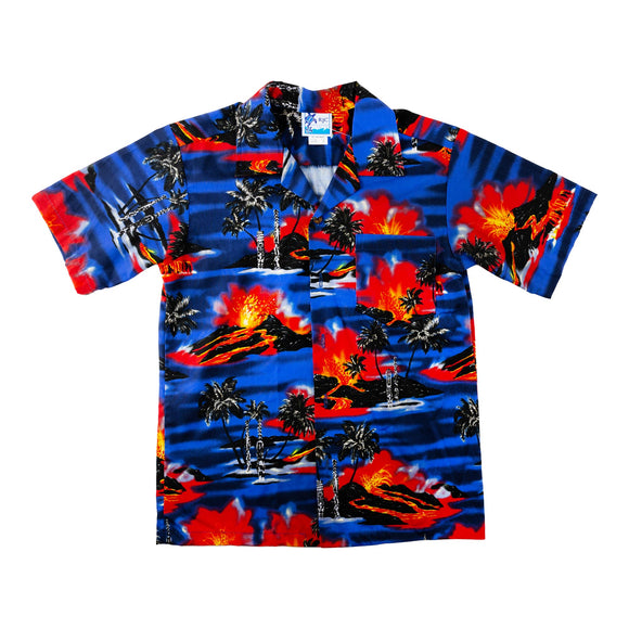Alternative photo of the aloha shirt with volcanos and tropical themes on it 