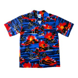 Alternative photo of the aloha shirt with volcanos and tropical themes on it 