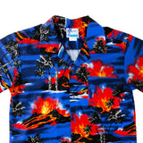 Aloha style shirt with volcanos and other tropical themes on it