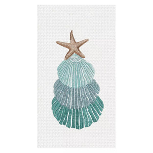 "Three Scallop Shells" Waffle Weave Cotton Kitchen Towel