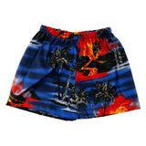 Shorts with volcanos on it and elastic waistband