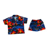 Hawaiian themed shirt with matching shorts with volcanos and other tropical themes on it