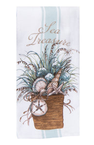 Tea towel with image of sea shells and title that reads "Sea Treasure"