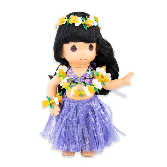 Doll wearing purple dress and wearing a lei around her neck and on top of her head