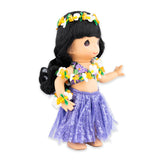Side angle of doll wearing dress and lei