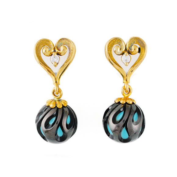 14K Gold Heart-shaped Post Earrings with Carved Tahitian Pearl Over Turquoise Bead