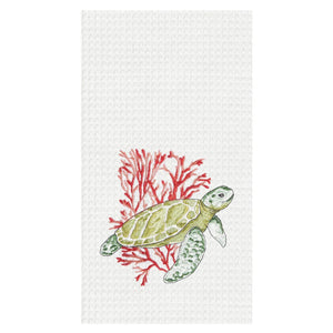 "Sea Turtle & Coral" Waffle Weave Cotton Kitchen Towel