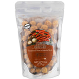 Bag of chili spiced macadamia nuts with imaging and see-through packaging to see the macadamia nuts and the coating on them
