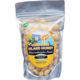 Bag of macadamia nuts showing the honey flavors and a see through part to see what the macadamia  nuts look like