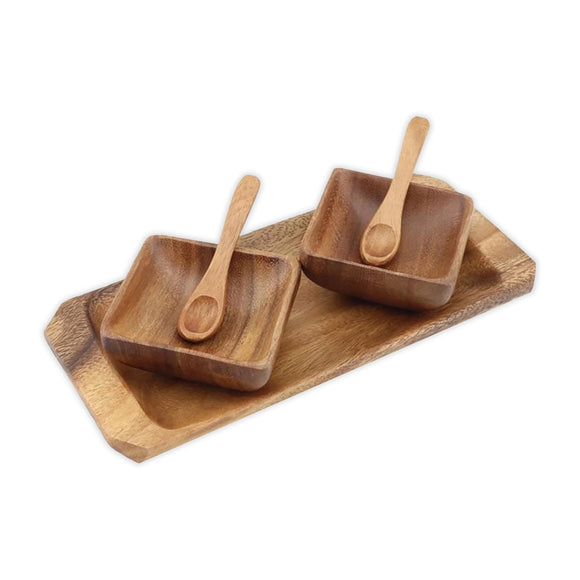 Acacia Wood Condiment Tray with 2 Bowls & Spoons, 5-Piece Set