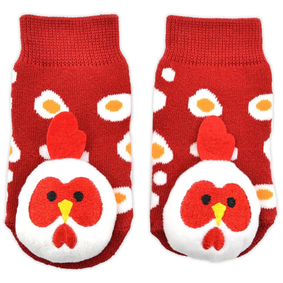 Kid's Boogie toes red socks with 3-D chicken head plush on the toes