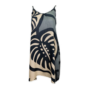 Balinese-Monstera-Patterned-Short-Dress--Black-Grey