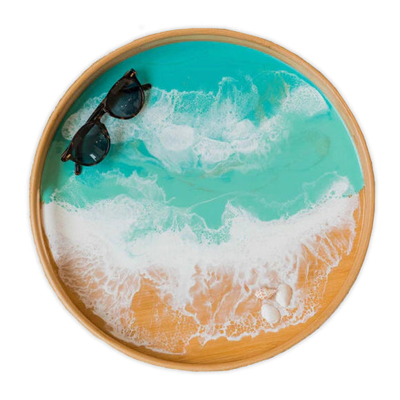 Bamboo Round Serving Tray 16'' Caribbean Blue - The Hawaii Store