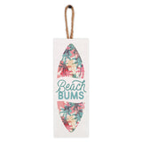 Hanging sign with a surfboard outline and words in the middle that says "Beach Bums"