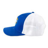 Side view of Polynesian Cultural Center "Palm Sunset" Ball Cap- Royal Blue & White