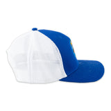 Side view of Polynesian Cultural Center "Palm Sunset" Ball Cap- Royal Blue & White
