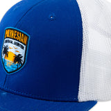 Close up of Polynesian Cultural Center "Palm Sunset" Ball Cap- Royal Blue & White