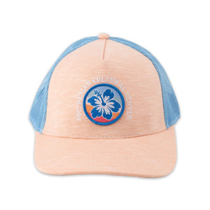 Pink cap with mesh back and hibiscus flower on the front and stitching that says Polynesian Cultural Center