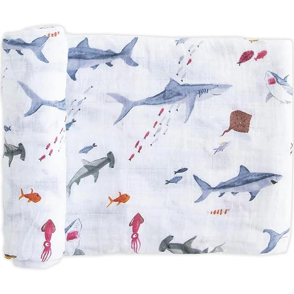 Little Unicorn Cotton Muslin Swaddle Blanket with Shark Print