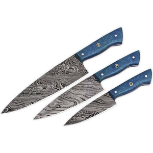 Damascus Steel with Turquoise Handles "Waves" Knife Set, 3-Piece
