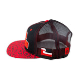 Side view of Flat Bill "New Zealand" Ball Cap- Black & Red