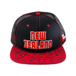 Flat Bill "New Zealand" Ball Cap- Black & Red