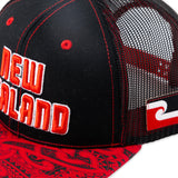 Close up of Flat Bill "New Zealand" Ball Cap- Black & Red