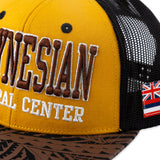 Close up of Flat Bill "Polynesian Cultural Center" Ball Cap- Yellow and Black