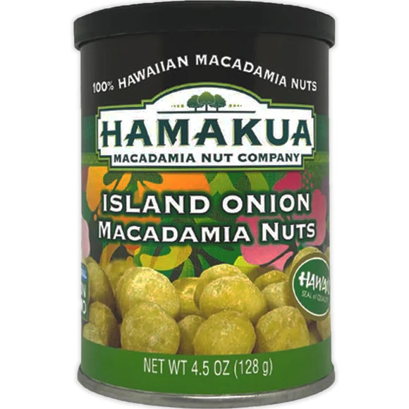 Jar of island onion macadamia nuts in a jar with image