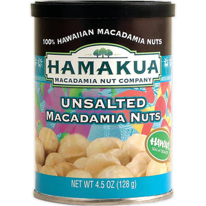 Can of unsalted macadamia nuts. The nuts are in a traditional can with bright colors and a fun Hawaiian theme