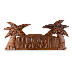 Hand-Carved Wooden Teak "Hawaii" Coconut Palm Sign - The Hawaii Store