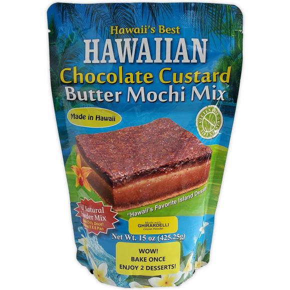 Bag of mochi mix in chocolate custard flavor with the ingredients and recipe on the back